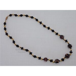Vintage Estate Venetian Black & Gold Sommerso Hand Knotted Glass Bead Necklace